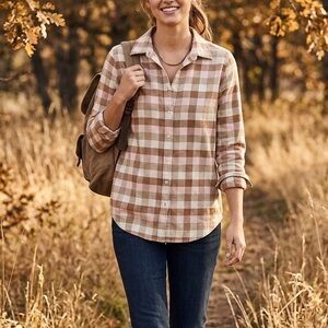 Lands' End Women's Brown and Cream Plaid Button-Down Shirt